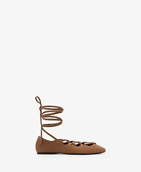 Mango Women's Crossed Straps Suede Ballet Flats