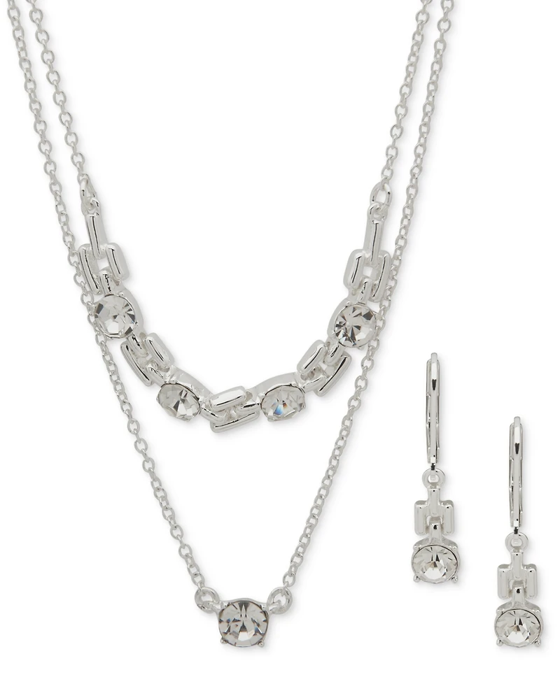 Anne Klein Crystal Drop Earrings & Two-Row Necklace, 16" + 3" extender
