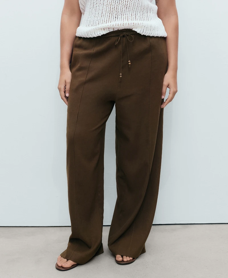 Mango Women's Linen-Blend Elastic Waist Pants
