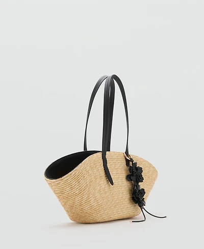 Mango Women's Flower Charm Natural Fiber Basket Bag