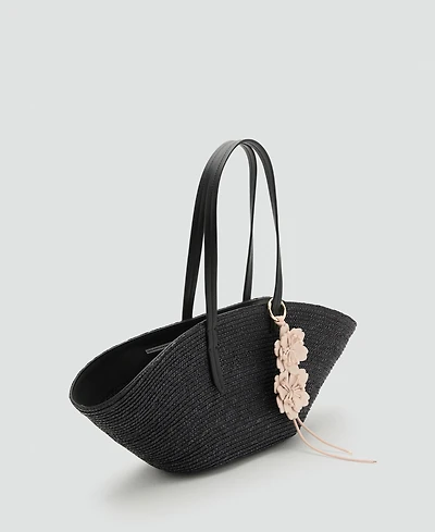 Mango Women's Flower Charm Natural Fiber Basket Bag