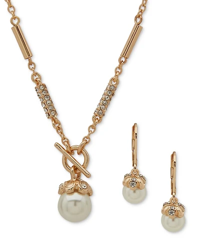 Anne Klein Gold-Tone Imitation Pearl Drop Earrings & Toggle Pendant Necklace
