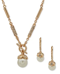 Anne Klein Gold-Tone Imitation Pearl Drop Earrings & Toggle Pendant Necklace