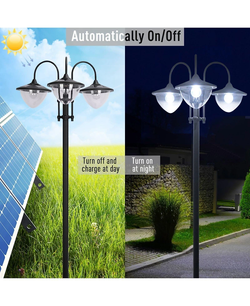 Outsunny 3-head Solar Lamp Post with Planter, Outdoor Led Lighting,