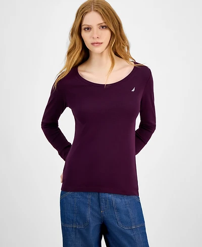 Nautica Jeans Women's Cotton Scoop-Neck Long-Sleeve T-shirt, Online Only