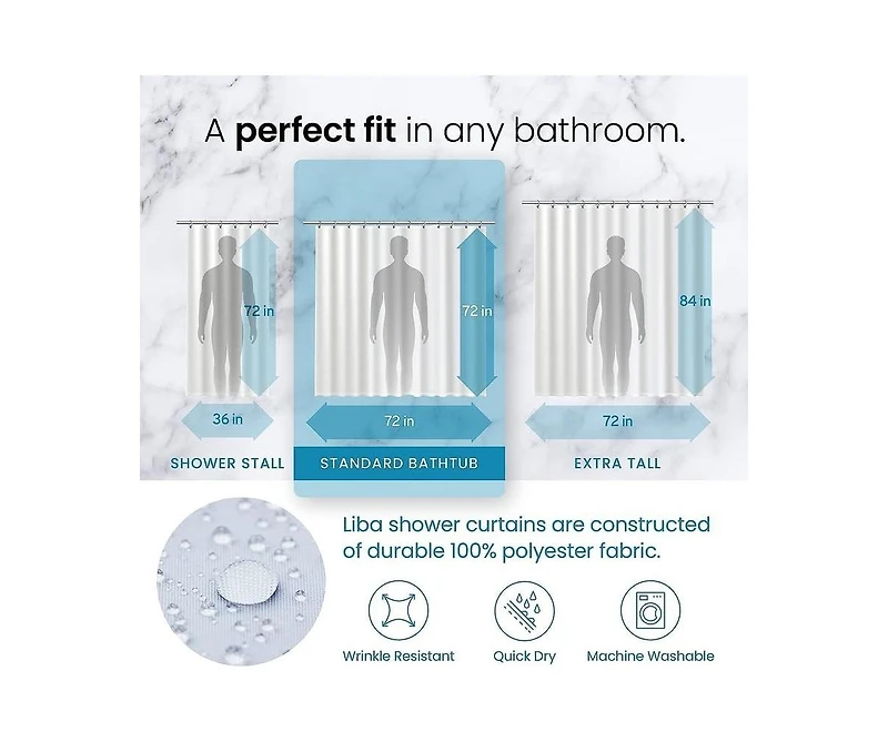 LiBa Cloth Fabric Shower Curtain, Heavy Duty Waterproof - 72" W x 72" H White