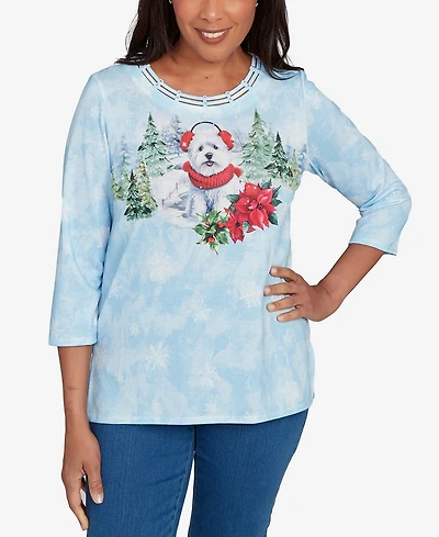 Alfred Dunner Women's Classic Holiday Dog Earmuffs Crew Neck Top