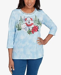 Alfred Dunner Women's Classic Holiday Dog Earmuffs Crew Neck Top