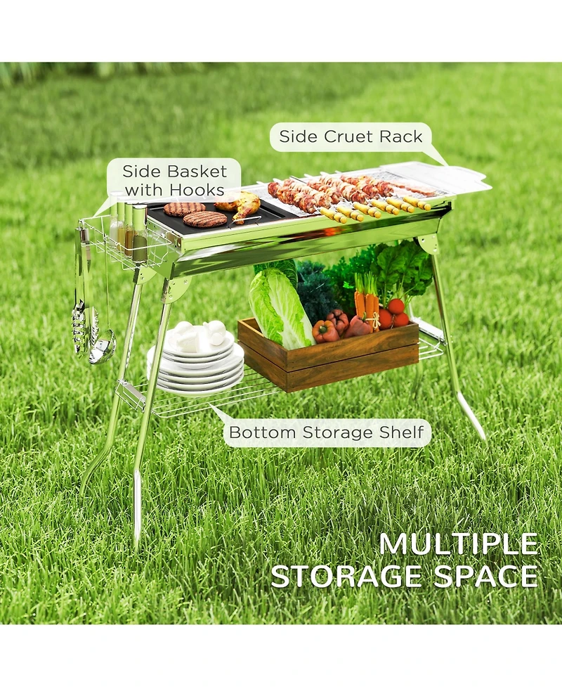 Outsunny Portable Folding Charcoal Bbq Grill with Pan Storage Shelf Hooks