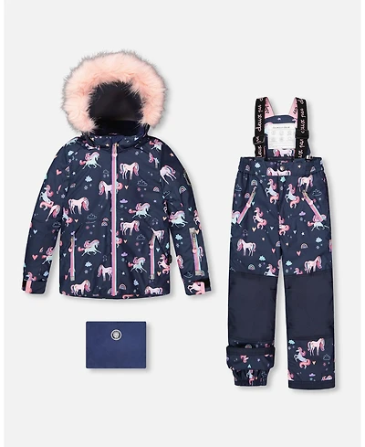 Deux par Big Girls Two-Piece Play Snowsuit Navy Unicorn Print