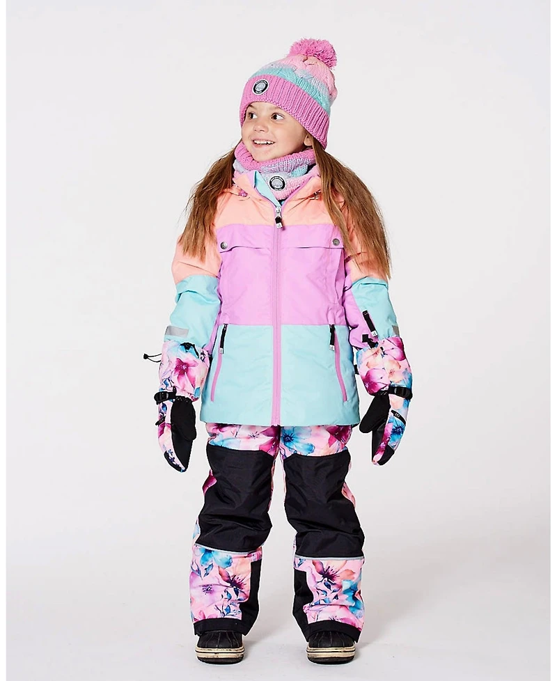 Deux par Girl Two-Piece Teknik Snowsuit with Colorblocked Jacket Pink Watercolor Flower Print - Toddler|Child