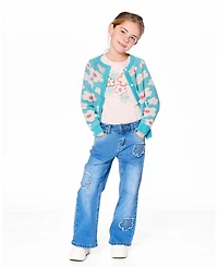 Deux par Girl Wide Leg Stretch Light Blue Denim Jeans with Flower Stitching - Child