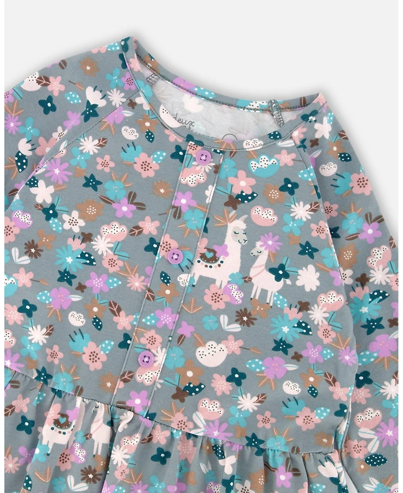 Deux par Girl Half Button Cotton Dress Blue Llama Print - Child