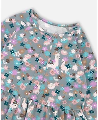Deux par Girl Half Button Cotton Dress Blue Llama Print - Child