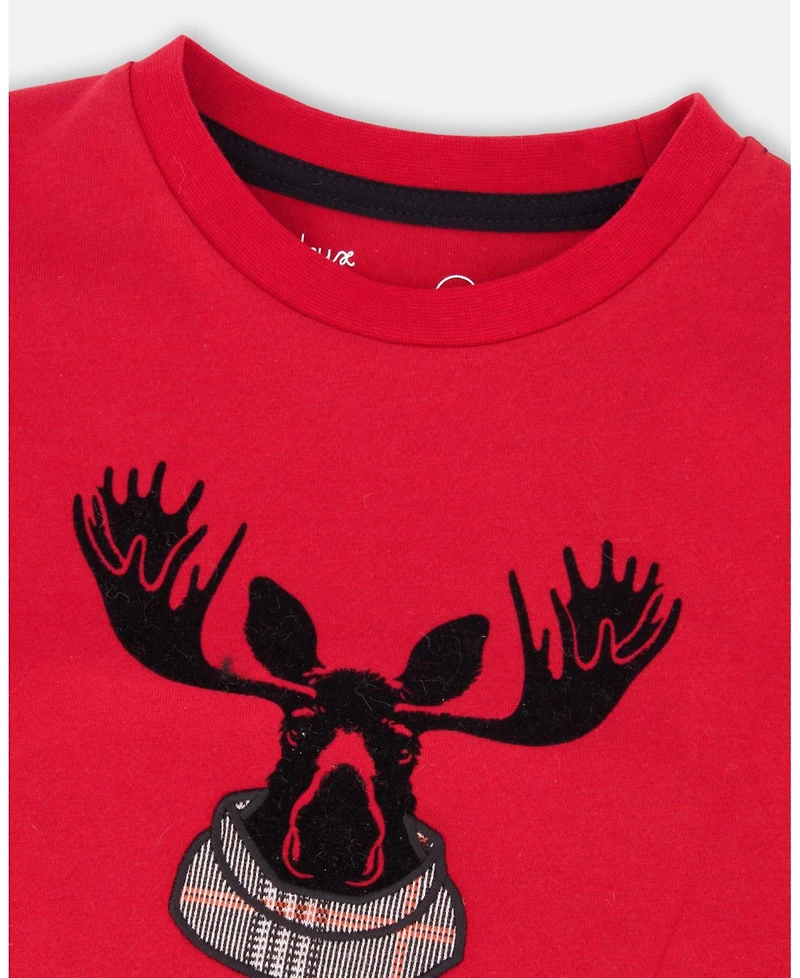 Deux par Little Boys Jersey T-Shirt Cherry Red with Moose - Toddler|Child