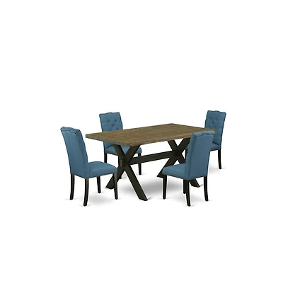 East West Furniture 5-Piece Awesome Dining Table Set an Excellent Distressed Jacobean Dining Table Top and 4 Beautiful Linen Fabric Kitchen Chairs wit