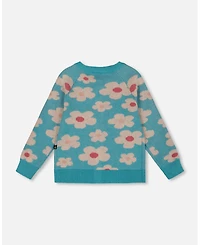 Deux par Girl Button Front Knitted Cardigan Turquoise Blue