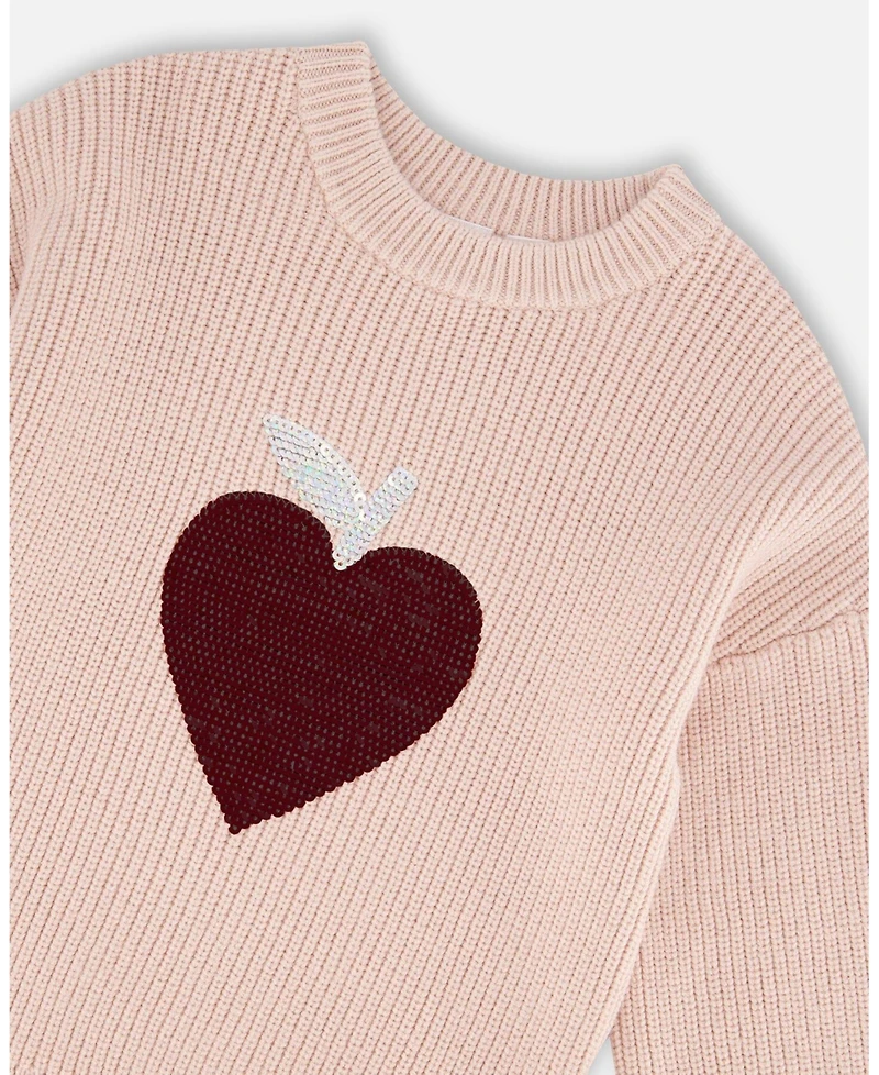 Deux par Toddler Girls Knit Sweater Pinkish White with Sequin Heart - Toddler|Child