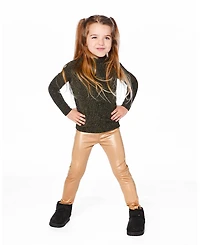 Deux par Girl Shiny Rib Mock Neck Top Black and Gold