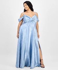 B Darlin Trendy Plus Off-The-Shoulder Satin Jacquard Gown