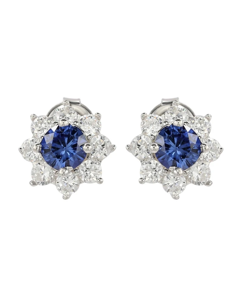 Suzy Levian Sterling Silver Sapphire Flower Halo Stud Earrings