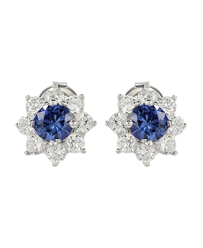 Suzy Levian Sterling Silver Sapphire Flower Halo Stud Earrings