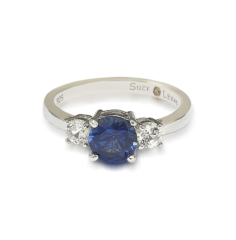 Suzy Levian New York Sterling Silver Sapphire & Created White 3 Stone Proposal Ring