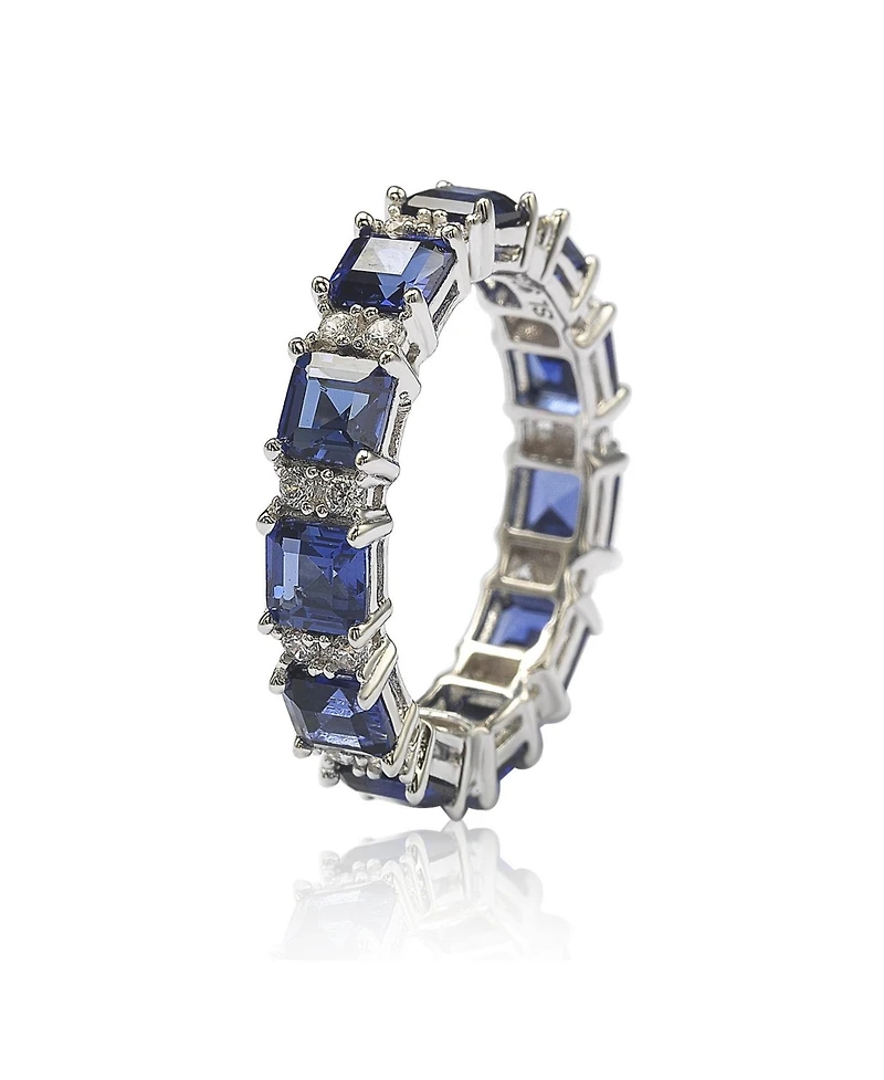 Suzy Levian New York Sterling Silver Sapphire & Created White Assacher Cut Eternity Band Ring