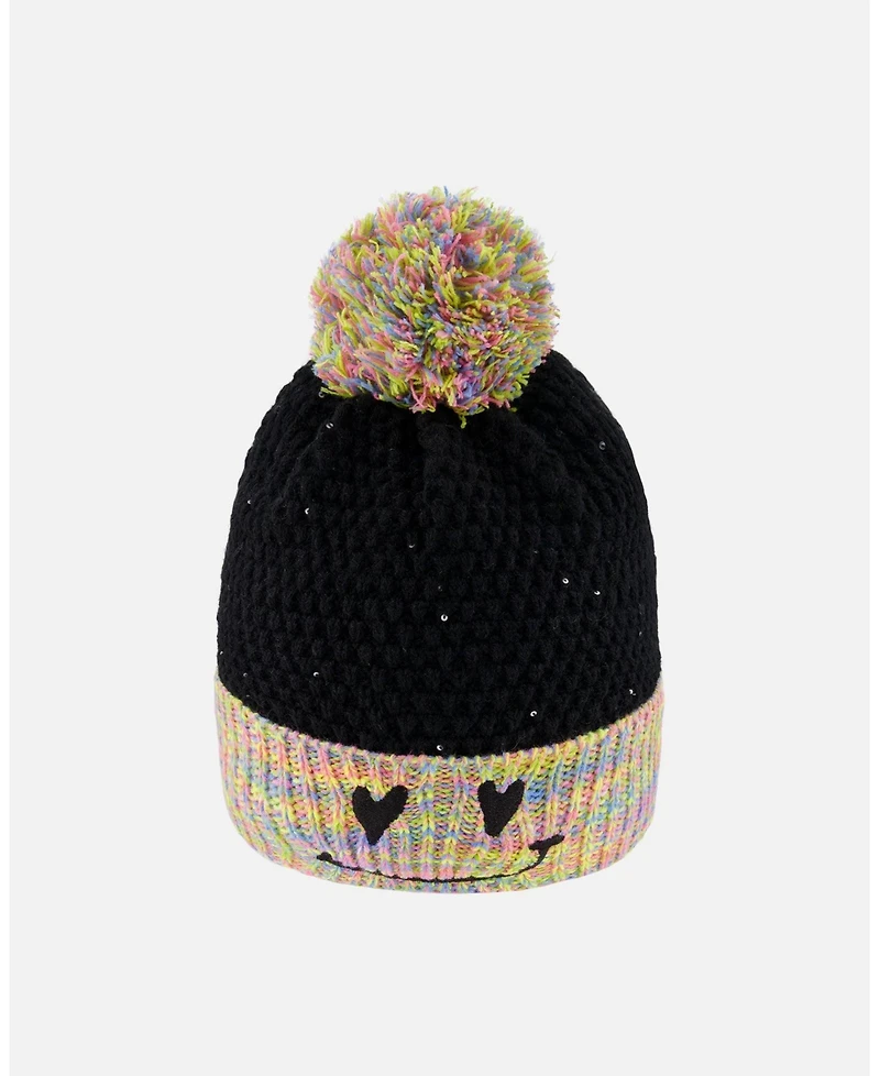 Deux par Girl Lined Knit Hat with Pompom Black and Multicolor - Toddler|Child