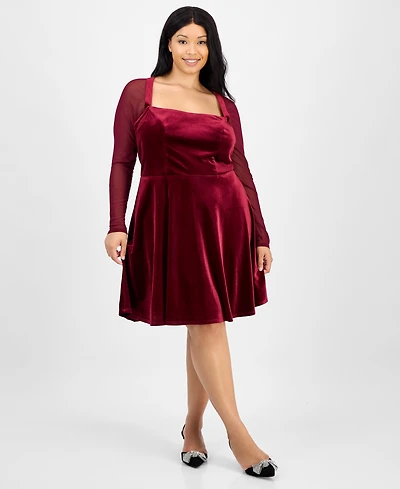 City Studios Trendy Plus Mesh-Sleeve Velvet Fit & Flare Dress