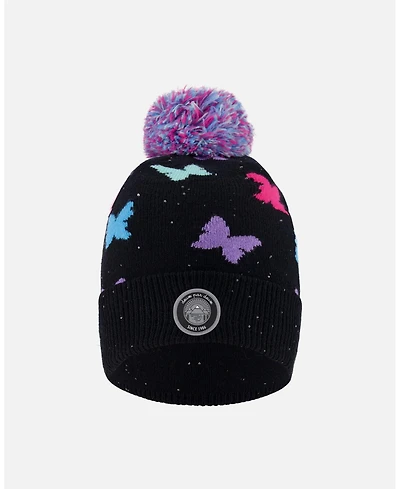 Deux par Girl Lined Knit Pompom Hat Black Butterfly Pattern - Toddler|Child