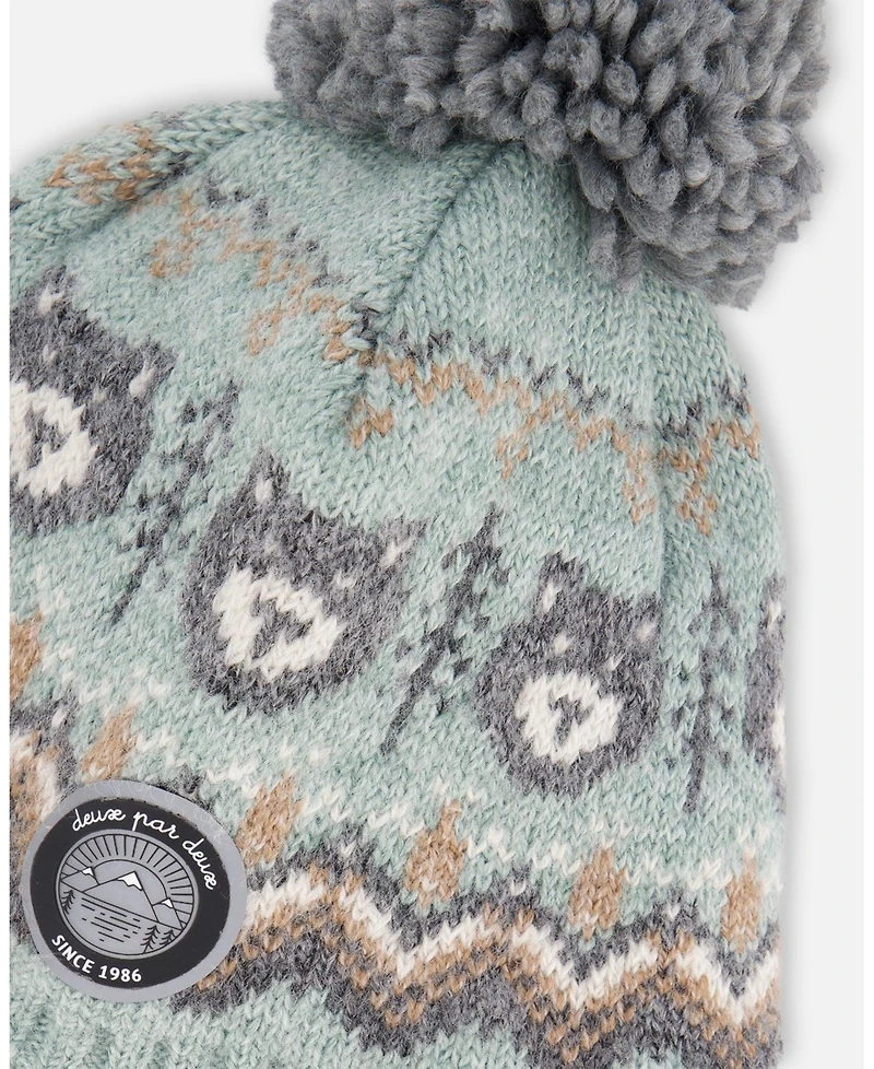 Deux par Baby Boy Lined Peruvian Knit Pompom Hat Gray and Sage 