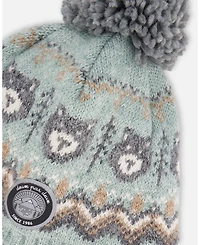 Deux par Baby Boy Lined Peruvian Knit Pompom Hat Gray and Sage 