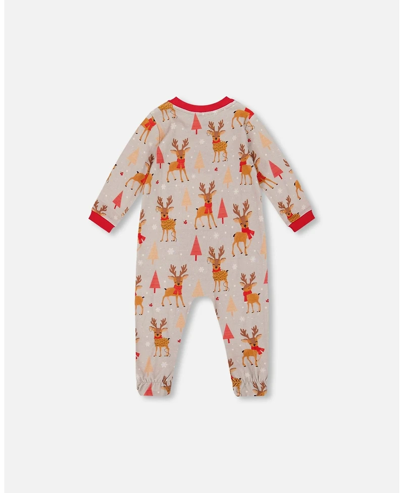 Deux par Baby Boy One-Piece Cotton Pajama Beige Reindeer Print