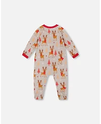 Deux par Baby Boy One-Piece Cotton Pajama Beige Reindeer Print
