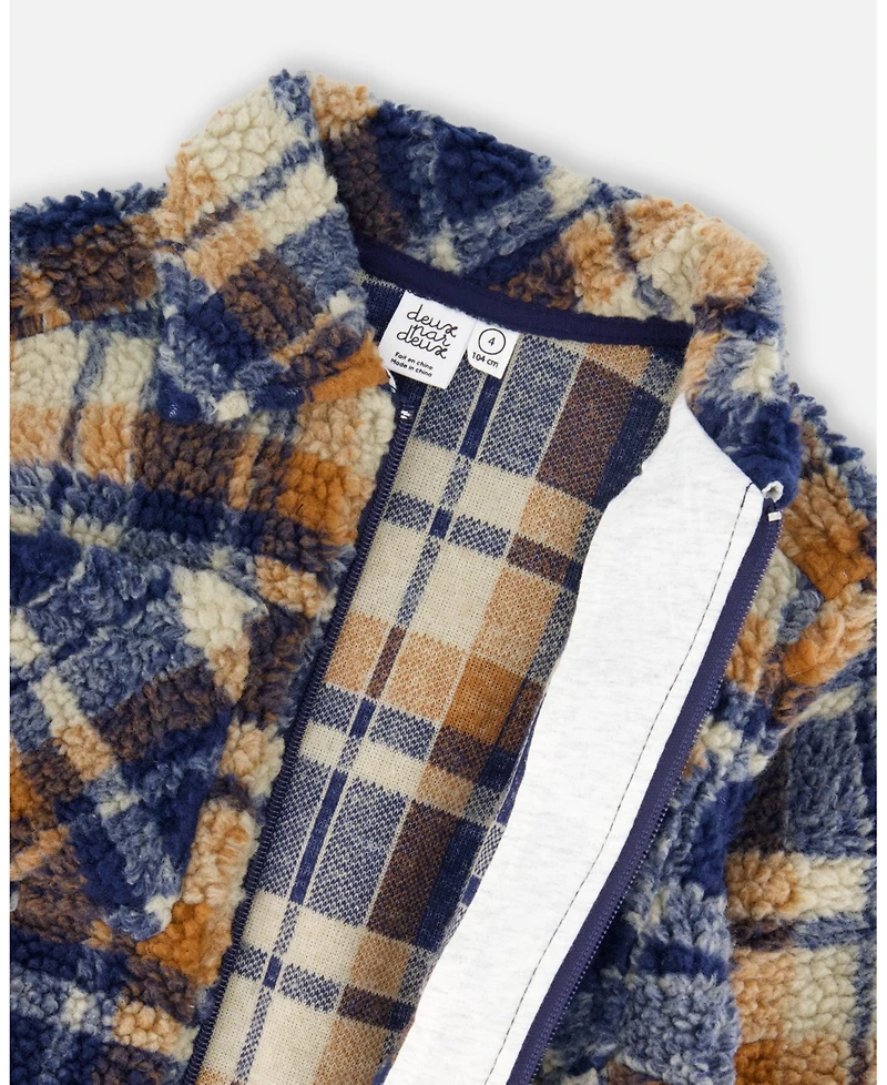 Deux par Boy Sherpa Long Sleeve Zip Front Overshirt Blue and Brown Plaid