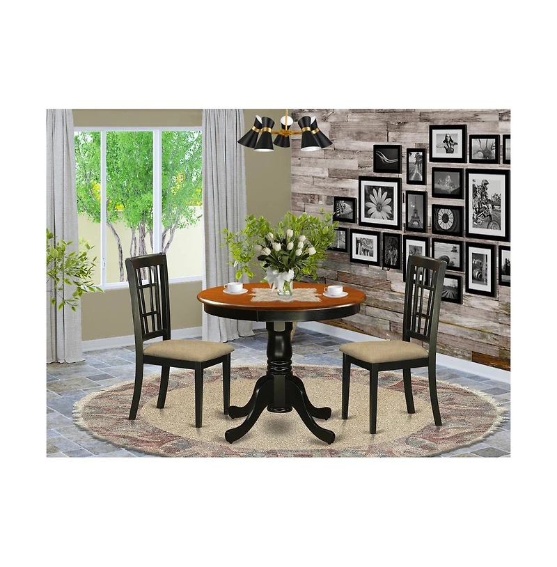 East West Furniture Pc Dining Table with Linen Chairs in Black and Cherry