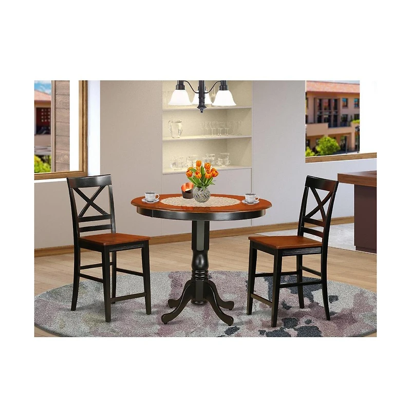 East West Furniture 3 Pc counter height pub set-pub Table and 2 bar stools with backs