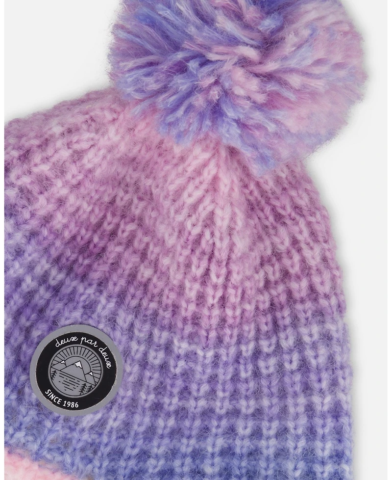 Deux par Girl Lined Peruvian Knit Pompom Hat Blue, Purple and Pink - Toddler|Child