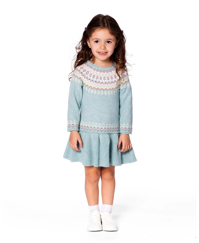 Deux par Girl Jacquard Sweater Dress with Ribbed Skirt Jade Green