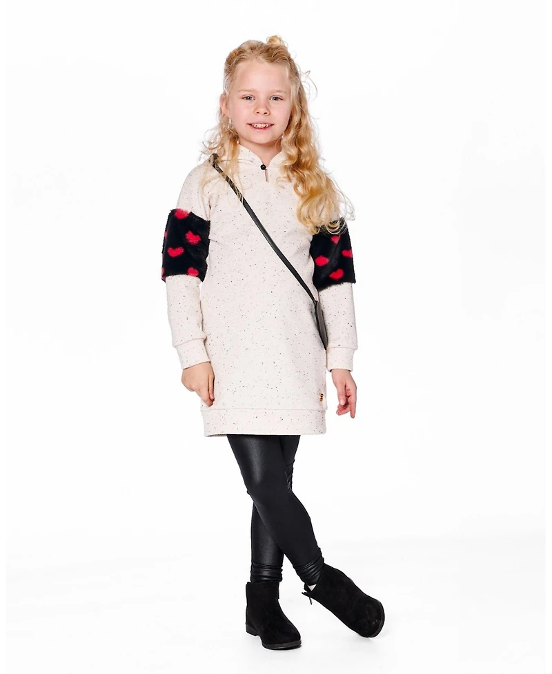 Deux par Big Girls Hooded Glittering French Terry Dress Beige with Heart Bag