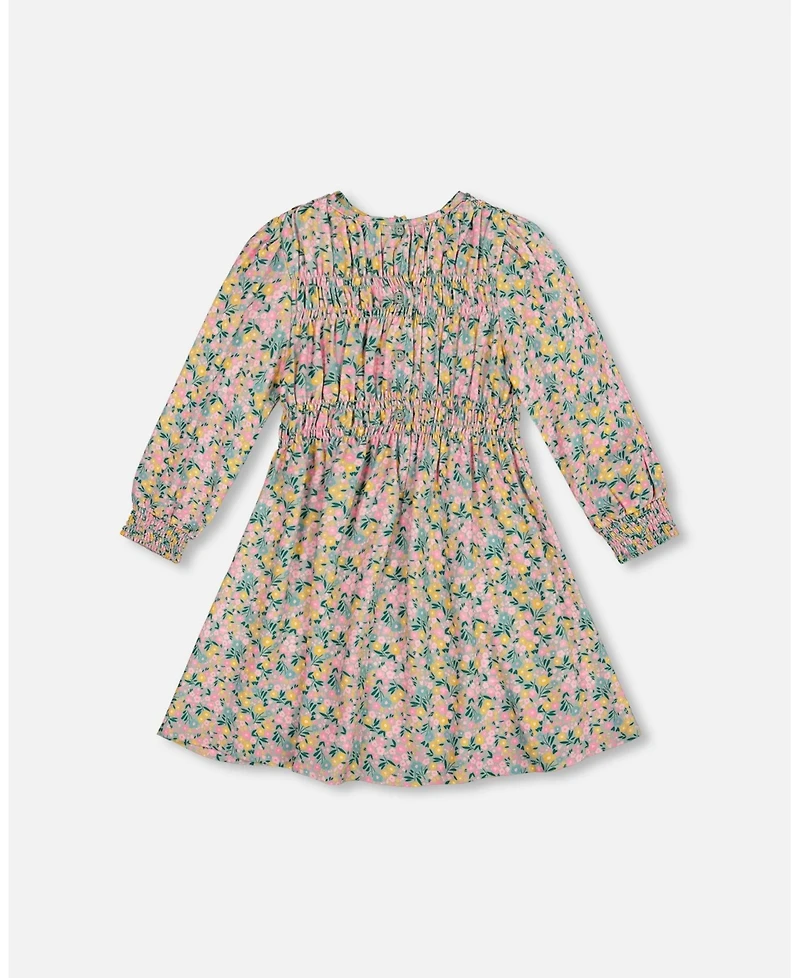 Deux par Girl Smocked Viscose Dress Green with Floral Print