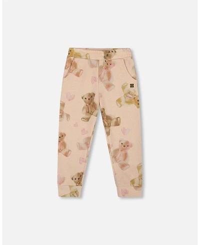 Deux par Girl Glittering French Terry Sweatpants Beige Teddy Bear Print