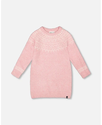 Deux par Girl Knitted Dress with Norvegian Jacquard Dusty Pink