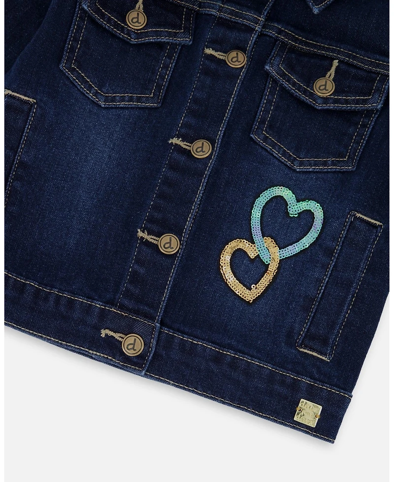 Deux par Girl Stretch Denim Jacket Dark Blue with Glittery Hearts and Unicorn