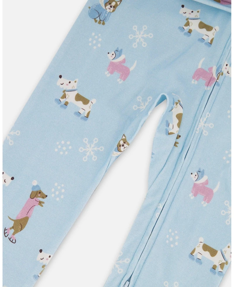 Deux par Girl Cotton Interlock One-Piece Pajama Blue Dog Print