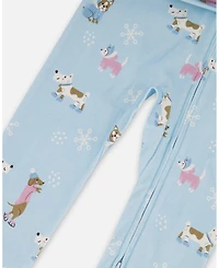 Deux par Girl Cotton Interlock One-Piece Pajama Blue Dog Print