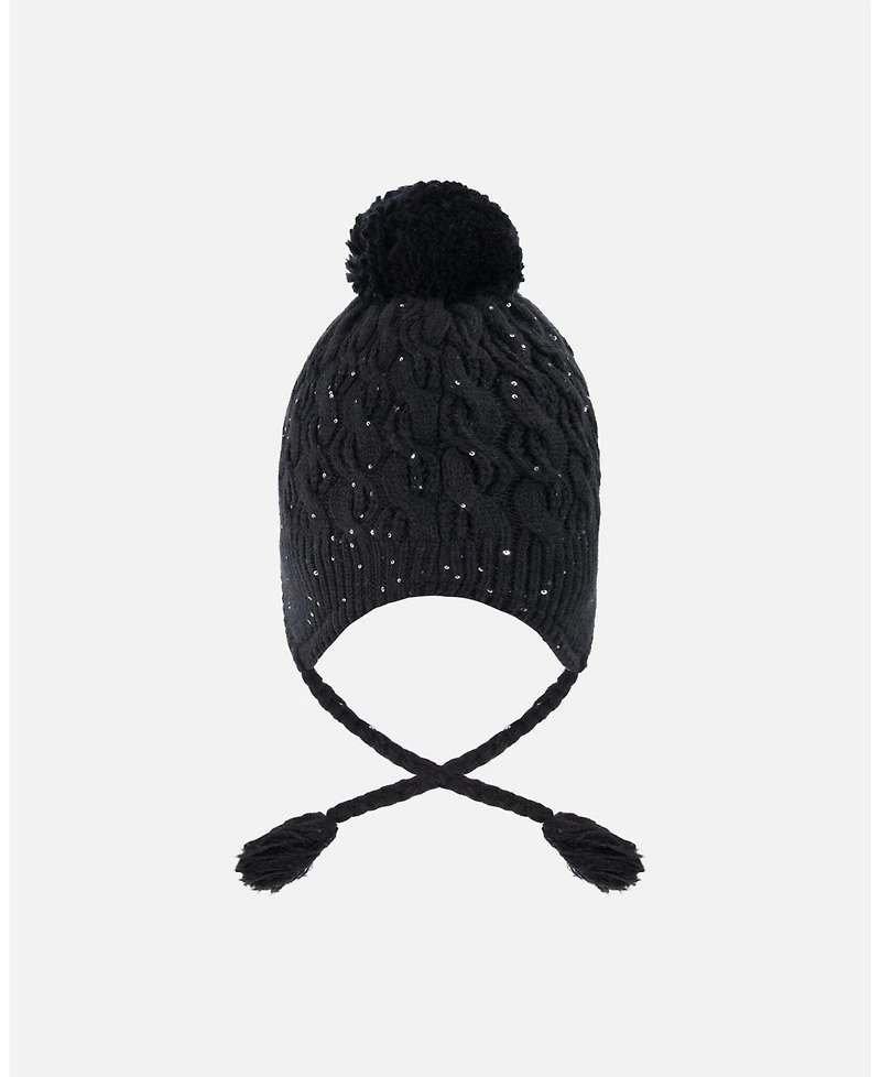 Deux par Girl Winter Peruvian Knit Hat with Pompom and Lining Black - Toddler|Child