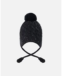Deux par Girl Winter Peruvian Knit Hat with Pompom and Lining Black - Toddler|Child