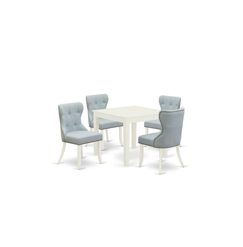 East West Furniture kitchen table set of 4 wonderful dining chairs with Linen Fabric Baby Blue color and a stunning Square kitchen table with Linen Wh